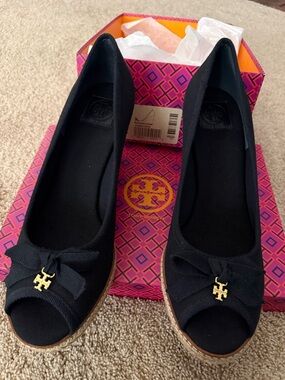 Tory Burch Black Peep-Toe Wedge Espadrille with Gold Logo